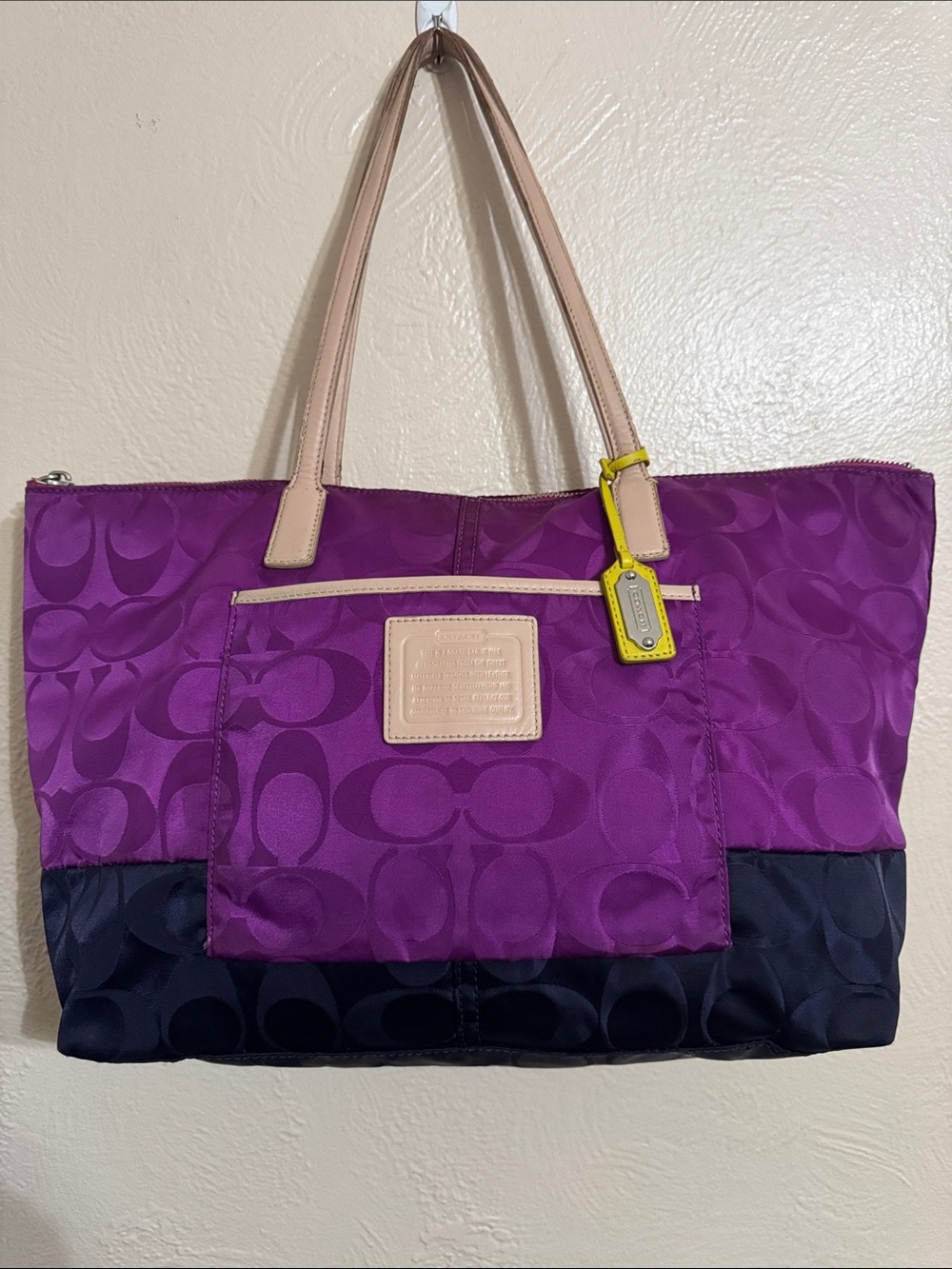 Coach 2013 Purple and Navy Signature Tote with Beige Handles and Yellow Tag